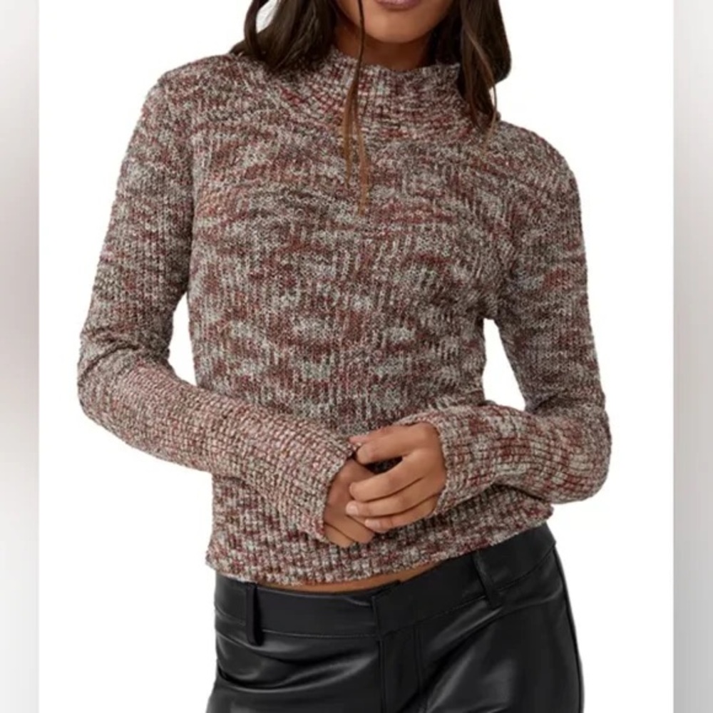 Free People Maroon and Cream Turtleneck Sweater